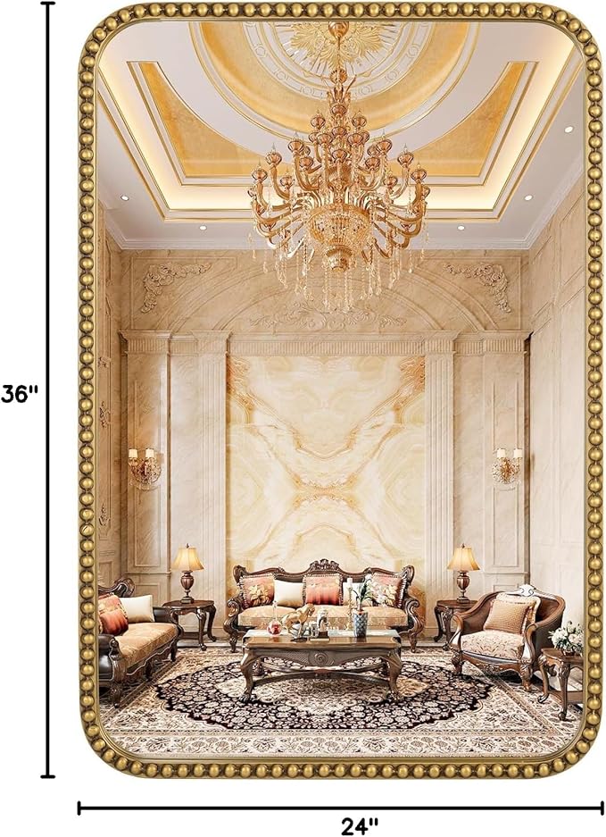 Wall Mirror for Bathroom - 24"x36" Rectangle Rounded Corner Beaded Frame Mirror, Large Vanity Mirror Hangs Horizontal or Vertical, Antique Gold