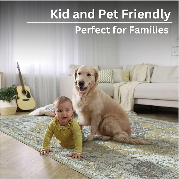Bloom Rugs Washable Non-Slip 3' x 5' Rug - Yellow Traditional Medallion Area Rug for Living Room, Bedroom, Dining Room, and Kitchen - Exact Size: 3' x 5'
