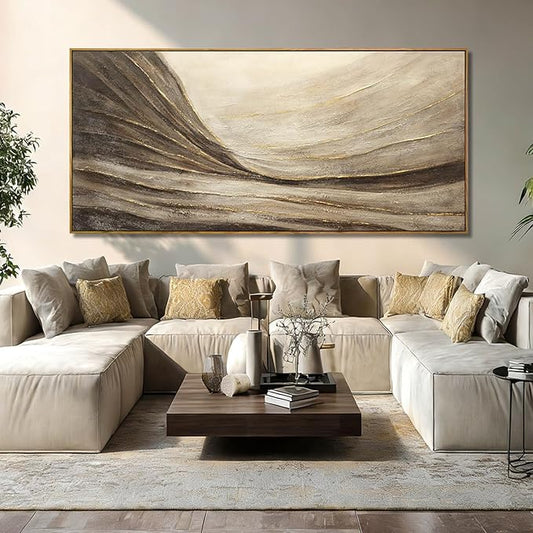 WINKAILIN Textured Abstract Landscape Canvas Wall Art in Brown and Gold Modern Minimalist Flowing Line Artwork for Living Room Bedroom Office Wall Decor 40x88 Inch