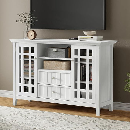 SIMPLIHOME Bedford TV Stand - 53 inch Wide Solid Wood Tall Media Console in White, Transitional Entertainment Center for Living Room for TVs up to 60 Inches with Glass Cabinets and Cable Management