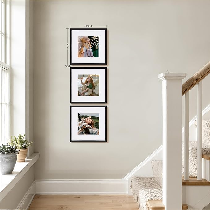 eletecpro Gallery Wall Frame Set of 3, 16x16 Inch Square Black Frames with 12x12 Mat, Scratch-Resistant Finish for Modern Home Decor