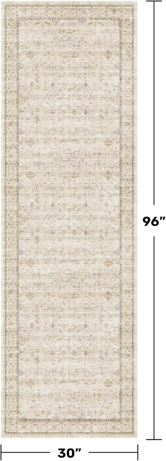 Long Ivory Farmhouse Hallway 2'6''x8' Runner Rug, Washable Non Slip Runner for Kitchen, Entryway, Low Pile Floral Stain Resistant Neutral Rugs