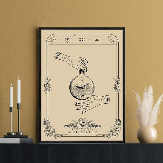 SERIMINO Witchy Framed Wall Art, Aquarius Tarot Canvas Prints Paintings, Horoscope Dark Academia Home Decor Aesthetic, 16x24inch Gothic Wall Decor for Room