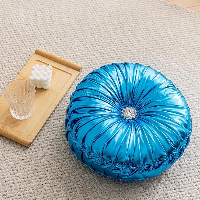 Round Throw Pillows, Soft Spandex Fabric Pumpkin Pleated Handmade Metallic Decorative Throw Pillows Floor Pillows Cushion for Sofa Couch Bed Living Room Chair Decoration, Blue