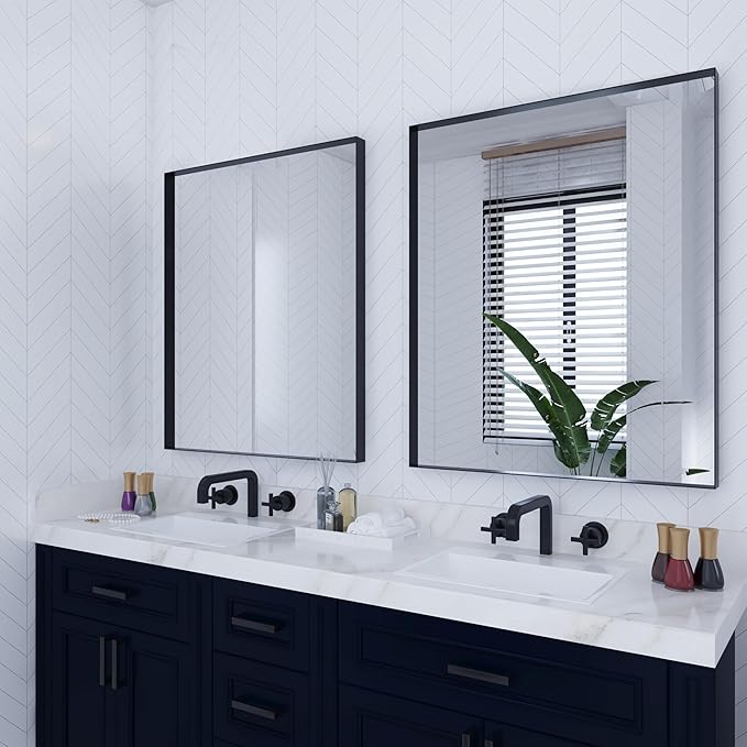 VocalStar Black Metal Framed Bathroom Mirror for Wall, 28 x 36 Inch Square Corner Rectangle Matte Black Bathroom Vanity Mirror Farmhouse, 1/4-inch Shatterproof Glass | Ultra-Flush Hanging