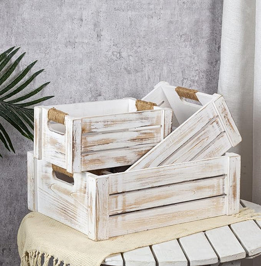TIMRIS Set of 3 Rustic Wood Nesting Crates, Farmhouse Wooden Storage Container Boxes with Cutout Handles, Decorative Wooden Baskets for Display (Whitewash)