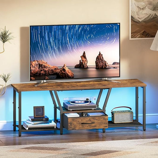 RALGEND TV Stand with LED Lights, for TVs up to 55 Inches, 47" Entertainment Center with Fabric Drawer & Soundbar Shelf, Media Console Table for Living Room, Bedroom, Rustic Brown and Black 1201DSDBB