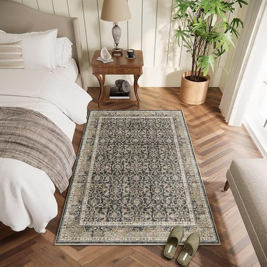 Washable 4x6 Rugs for Living Room, Boho Non-Slip Vintage Distress Small Rugs for Bedroom Nursery Office, 0.3" Neutral Oriental Throw Thin Carpet with Cushioning Pad,Black/Blue/Multi,A1