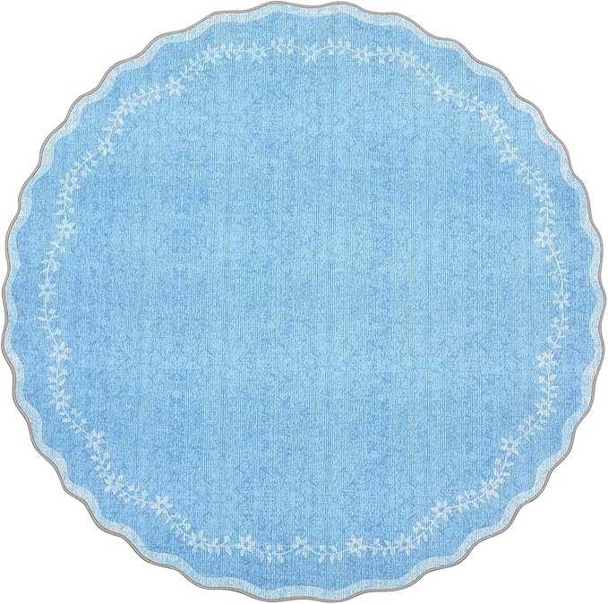 GarveeHome Round Area Rugs 4ft for Kids Room, Solid Blue Scalloped Washable Circle Rug Soft Non Slip Floral Print Floor Mat Carpet Indoor Thin Tent Rug for Bedroom Dining Room Playroom Nursery