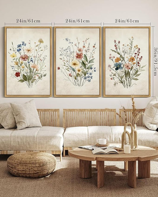 Drsoum Vintage Flower Bouquet Framed Retro Wildflower Botanical Pictures Prints Modern Colorful Floral Rustic Artwork Bedroom Living Room Ready to Hang 24x36in Natural Framed