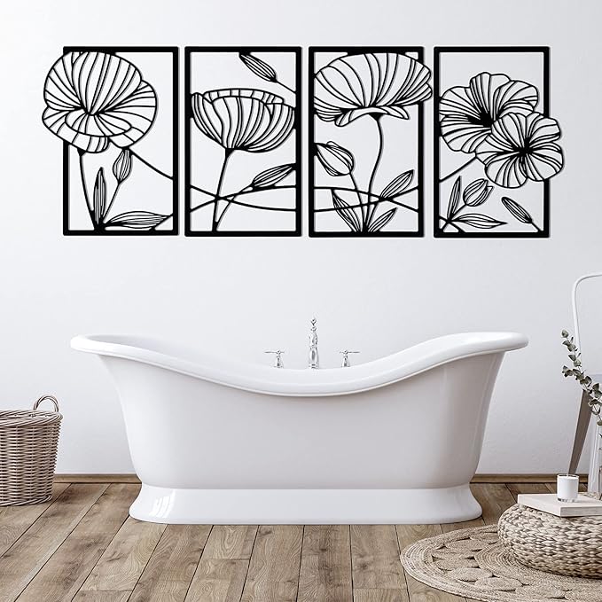 4 Pcs Metal Wall Art 16.5 x 11.8'' Line Art Wall Decor Floral Minimalist Decor Hanging Flower Aesthetic Modern for Living Room Bedroom Bathroom Kitchen Decoration(Black)