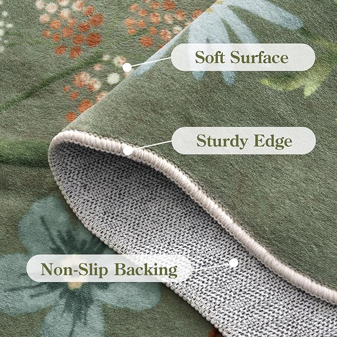 Lahome Floral Washable Rugs 8x10, Non-Slip Soft Green Rug Stain Resistant, Ultra-Thin 8x10 Rugs for Living Room Easy Clean Boho Accent Carpet for Dining Room Office Flore (8x10ft,Green)