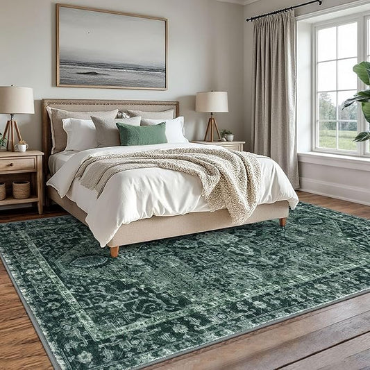 KOZYFLY Area Rug 8x10 Ft Thin Rugs for Living Room Washable Bedroom Rug Non Slip Rugs for Living Room Printed Faux Wool Vintage Bedroom Rug Floor Carpet for Dining Room, Dark Green