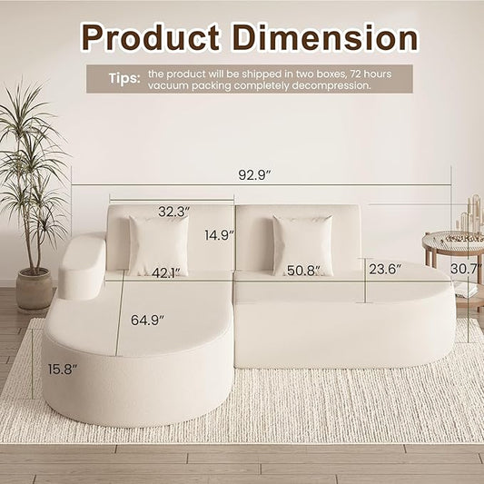 MELLCOM Modern Curved Boneless Sofa Couch, L-Shaped Corner Sofa, No Assembly Needed, Chenille Upholstered Cloud Sectional Couch for Living Room, Bedroom and Apartment (Beige, Left Hand Facing)