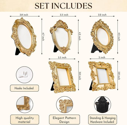 97 Decor Small Gold Picture Frames Set - 5 Pcs Vintage Mini Picture Frames Gold, Oval Rectangle Baroque Gallery Wall Frame Pack, Assorted Vintage Frame Set For Wall Decor (With Backing, Without Glass)