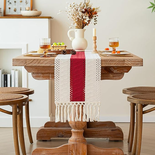 FEXIA 4th of July Table Runner for Home Decor with Tassels 72 Inches Long Farmhouse Red Rustic Boho Table Runner Macrame Burlap Table Decoration for Living Room Bridal Shower(12x72 Inches)