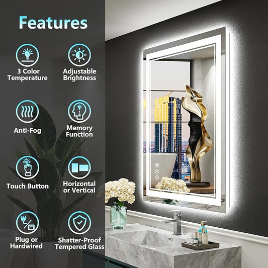 20x28 LED Bathroom Mirror with Lights, Backlit and Front Lit Anti-Fog Lighted Vanity Mirrors for Bathroom Wall, Dimmable, 3-Color Light, Memory, Shatter-Proof, HD Tempered Glass, CRIοΌ90