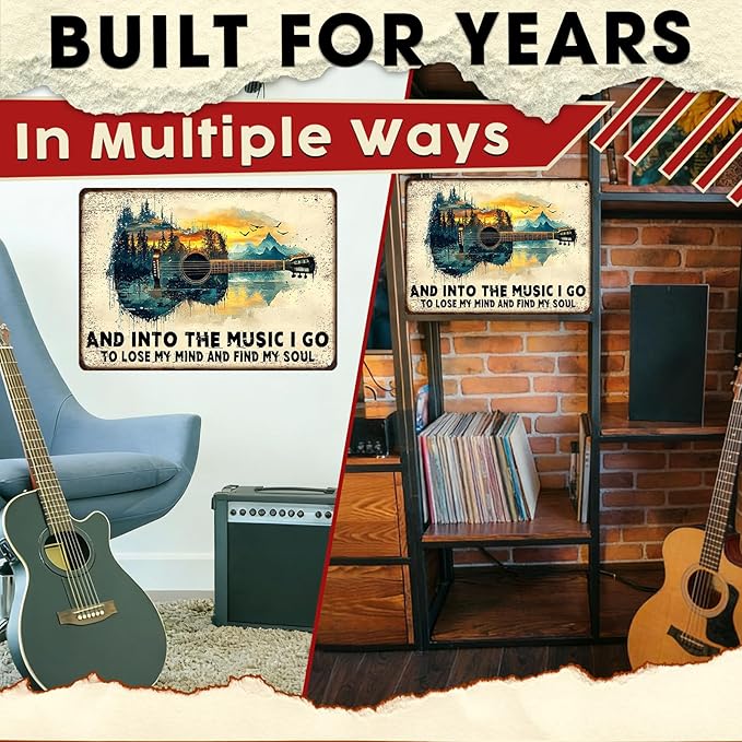 Guitar Retro Metal Poster And Into the Music Art Plaque Guitar Vintage Sign for Man Cave Funny Garage Bar Shed 12x16inch