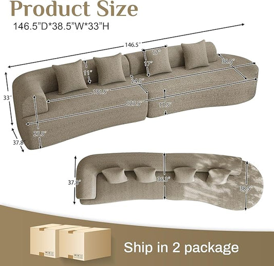 147" Oversized Sectional Sofa for Living Room, Modern Luxury Plush Chenille 4-Seater Extra Deep & Wide Seat Curved Cloud Couch with 4 Throw Pillows, No Assembly Needed, Light Brown