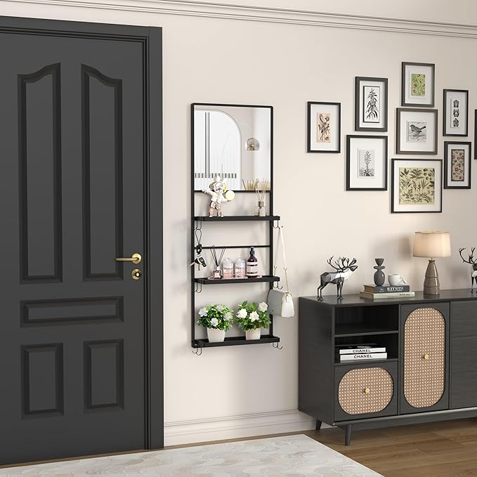 45" X 16" Black Wall Mirror with Shelf and Hooks, Rectangle Mirror for Wall, 3 Trays and 12 Removable Hooks,for Living Room, Hallway, Bedroom (Black-Square)