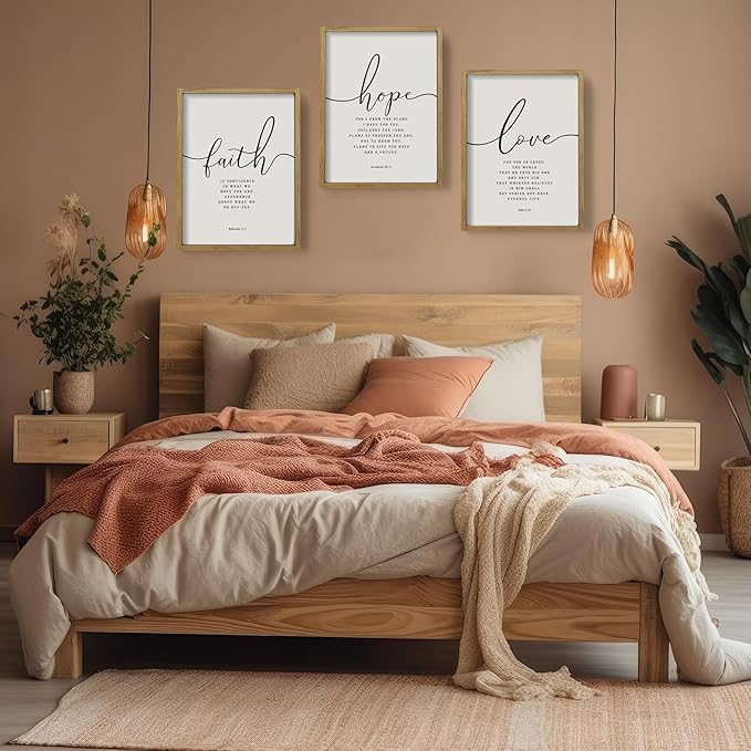 Houmury Set of 3 Framed Farmhouse Bible Verses Wall Decor Sign 11”x14” Christian Faith Scripture Wall Art for Home Living Room Bedroom Wall Decor (11"x14" Brown)
