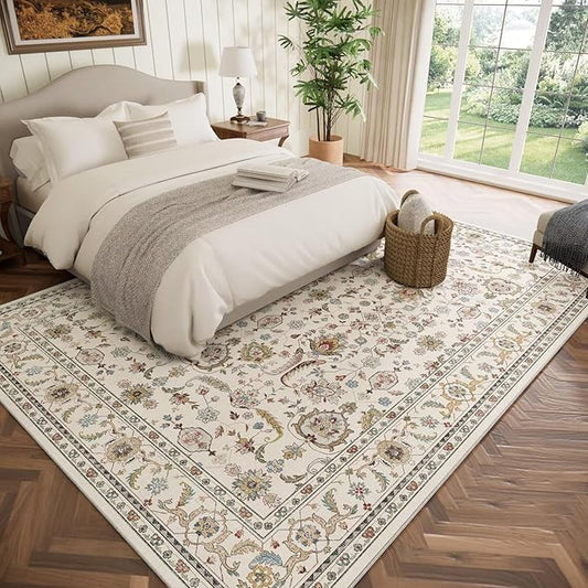 Washable 8x10 Area Rugs for Living Room, Boho Non-Slip Vintage Distress Large Rugs for Bedroom Dining Room Nursery Office, 0.3" Neutral Oriental Throw Thin Carpet, Beige/Rust/Multi, B1