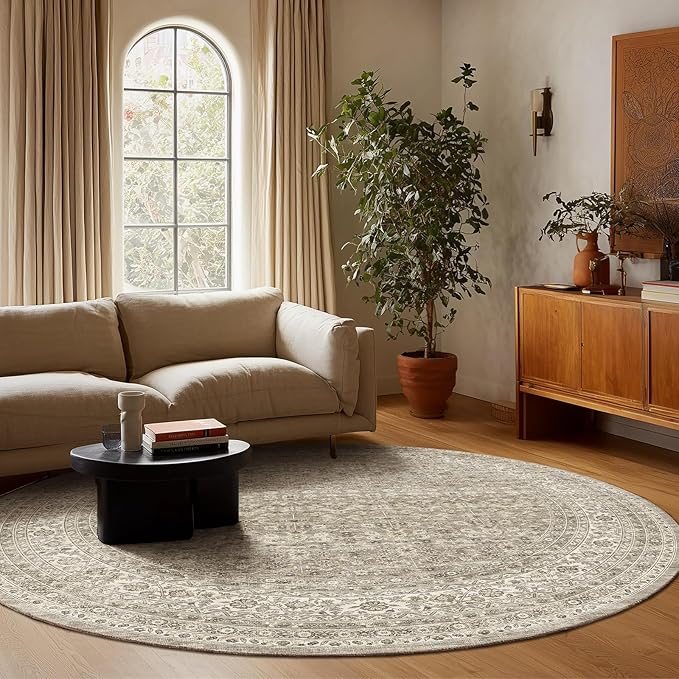 6ft Washable Round Rugs for Bedroom: Circle Living Room Rug Vintage Non Slip Low Pile Soft Faux Wool Non Shedding Boho Circular Rug for Entryway Kitchen Bathroom Office Dorm Entrance Nursery Indoor