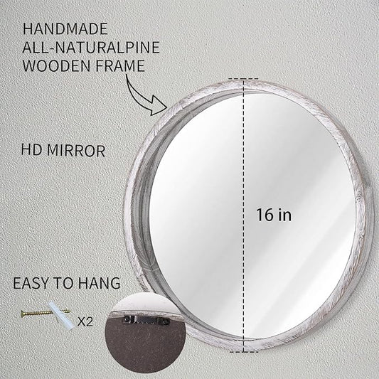 JJUUYOU Circle Wall Mirror 16 Inch Round Wall Mirror for Bathroom, Rustic White Farmhouse Mirror Washroom Wall Mounted Wood Frame Mirror for Living Room, Bedroom, Dorm