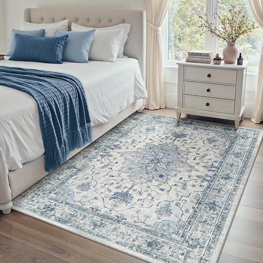 RELEANY Area Rugs 4'x5' Washable Non-Slip, Floral Vintage Distress Print Pattern Medallion Carpet for Living Room Bedroom Dining Room, Light Blue Navy Beige Gray White