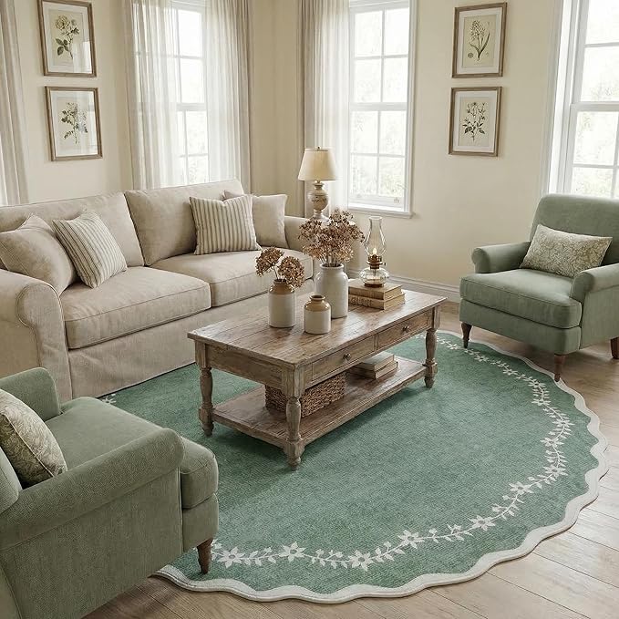 GarveeHome Round Area Rugs 5ft for Bedroom, Sage Green Washable Circle Rug Soft Non Slip Floral Print Floor Mat Carpet Indoor Thin Rug for Kids Room Dining Room Playroom Nursery