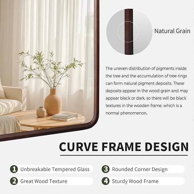 Bathroom Mirror for Wall,Wood Rectangle 30 x 36 inch Hanging Vatiny Tempered Mirrors with Rounded Corner for Living Room,Bedroom,Entryway