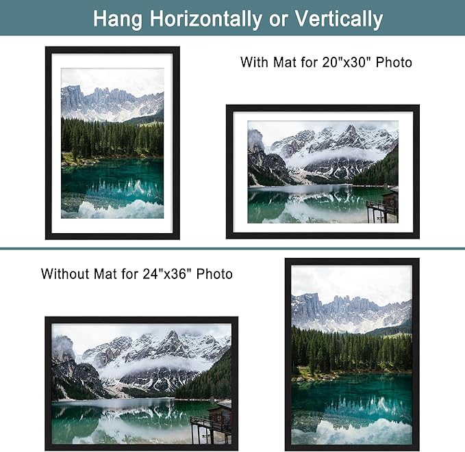 iRahmen 24x36 Poster Frame Set of 2 with Plexiglass, Black Frames Display Picture 20x30 with Mat or 24 x 36 Without Mat, Photo Frames for Gallery Wall Mounting Horizontal and Vertical