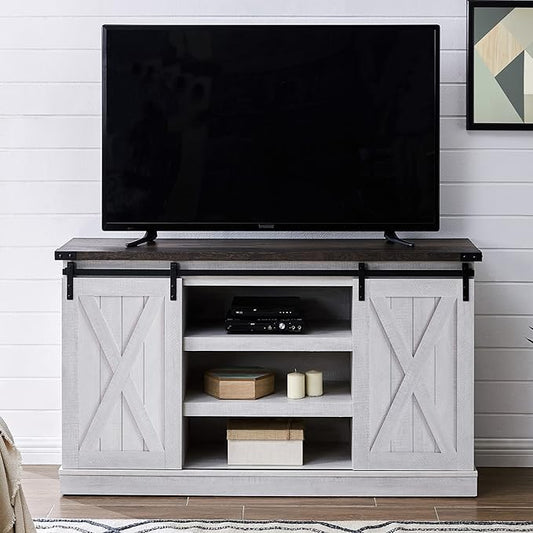 EDYO LIVING Farmhouse TV Stand for 60 Inch TV, Wood TV Stand with Sliding Barn Door, Entertainment Center with Storage Cabinet, Rustic Media Console for Living Room Bedroom, Ash Gray