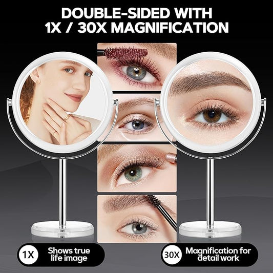 MIYADIVA Makeup Mirror, 30X Magnifying Mirror for Desk, 1X/30X Table Mirror with Stand, Double-Sided Vanity Mirror, Travel Makeup Mirror with Magnification, Desk Mirrors for Home and Office 8 in