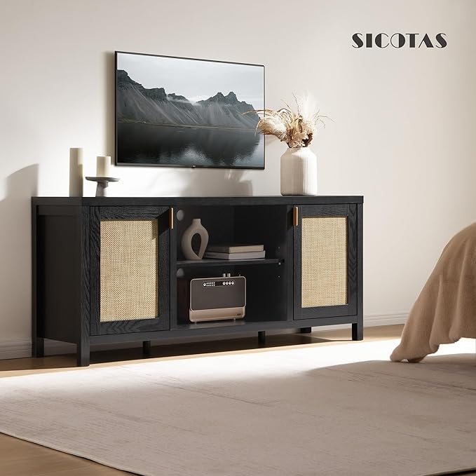 SICOTAS Rattan TV Stand for Living Room - 26" Tall Farmhouse Entertainment Center with Storage and Wicker Door, Media TV Console Cabinet for TVs Up to 65 Inch, Black Oak