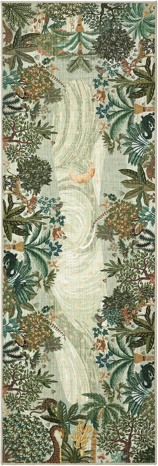 GarveeHome 2.5x8 Jungle Hallway Runner Rug, Soft Green Animal Long Kitchen Runner Non Slip Entryway Rug Farmhouse Thin Laundry Mat Stain Resistant Carpet for Bathroom Beside