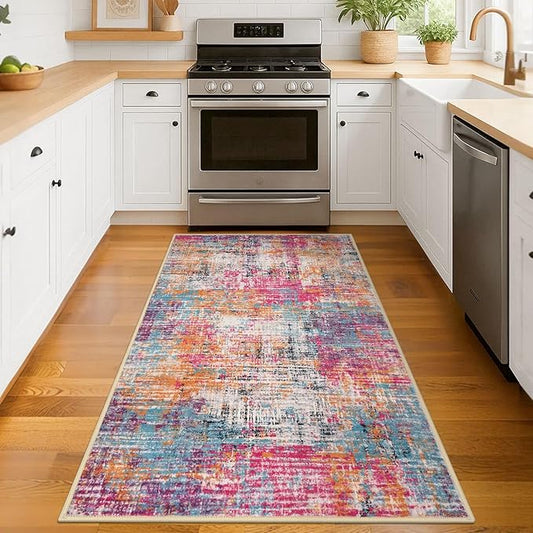 KILOCOCO Abstract Area Rug 3x5 Entryway Rug Washable Kitchen Rugs Non Slip Soft Pinted Entrance Rugs Indoor Mat for Front Door Foyer Farmhouse Living Room Floor Carpet, Pink/Orange/Blue