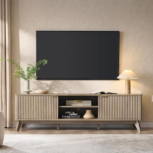 OKD 70" Mid Century Modern Fluted TV Stand, Entertainment Center, Sideboard, Media Console for Living Room with 2 Soft Close Door/Adjustable Shelves (Alder Grey)