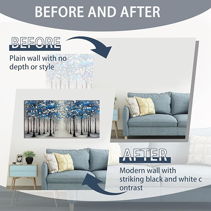 Trogonup Large Forest Wall Art for Living Room Blue and White Trees Landscape Painting Modern Textured Oil Painting for Bedroom Office Home Decor 24x48 Inch
