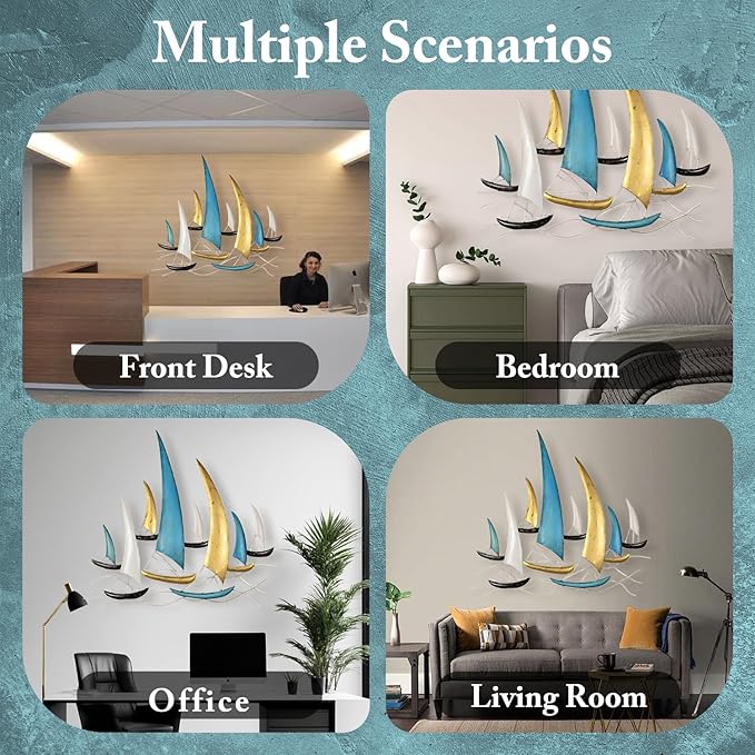 edaknez Large Metal Ship Wall Art, Metal Sailboat Wall Decor, Coastal Nautical Wall Art Decor, 3D Boat Wall Hanging, for Living Room Bedroom Indoor Outdoor (Modern Color)