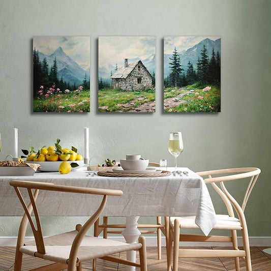 SERIMINO Nature Landscape Canvas Wall Art for Living Room, Forest Mountain Canvas Prints Paintings Room Decor, Cottage Meadow Wildflower Modern Farmhouse Wall Decor Set of 3, 12"X16"