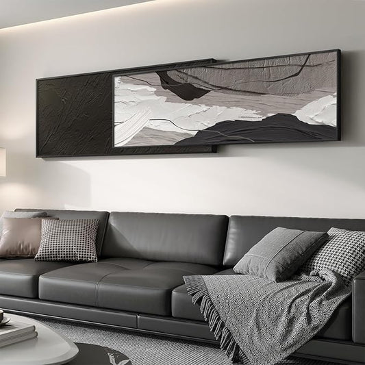 Extra Large Framed Black and White Abstract Wall Art for Living Room, Set of 2 Long Horizontal Modern Canvas Prints Paintings, Minimalist Gray Pictures for Bedroom Dining Room Office Wall Decor