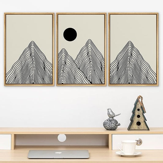 SIGNLEADER Framed Canvas Print Wall Art Set Geometric Mountain Range Sun Landscape Nature Wilderness Illustrations Modern Art Minimalism Decorative for Living Room, Bedroom, Office - 24"x36"x3 NATURAL