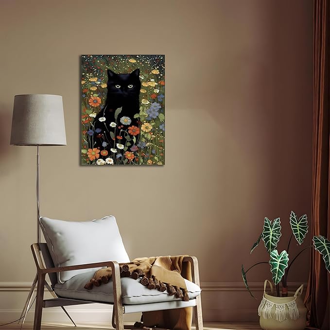 Framed Cat Canvas Wall Art, Funny Black Cat Picture Wall Decor, Animal In Garden Flowers Prints Poster for Bathroom Bedroom Living Room Gallery Decor 16x24 inch