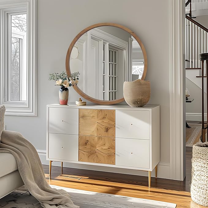 36" Bathroom Mirror, Round Wall Mirror with Wood Frame, Farmhouse Mirrors for Wall Decor, Wall-Mounted Mirrors for Bedroom, Living Room, Brown