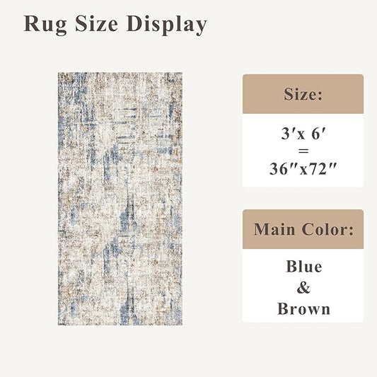 3x6 Washable Non-Slip Kitchen Runner Rug – Modern Abstract Wide Floor Carpet Runner with Rubber Backing for Entryway, Hallway, Bathroom, Living Room, Low Pile Thin (Blue Brown)