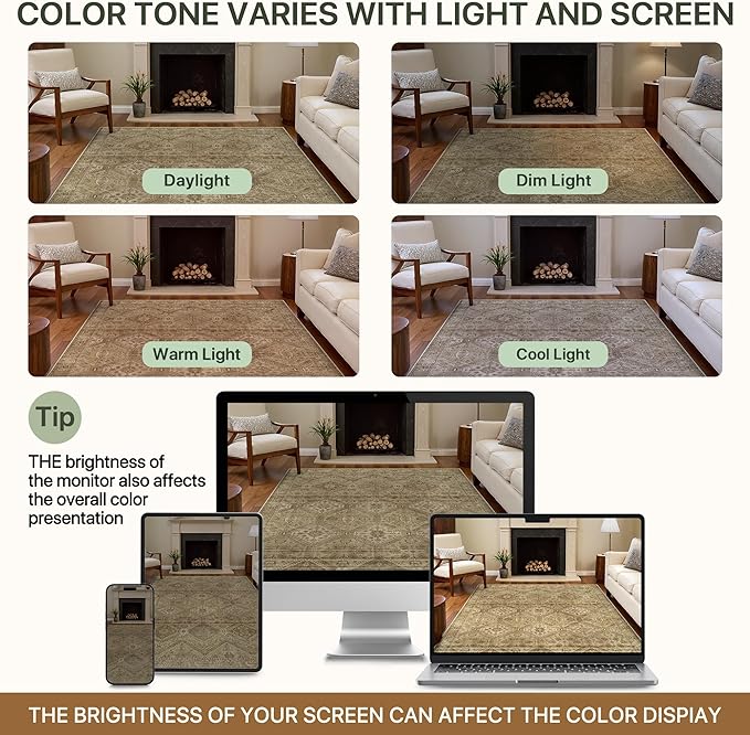 Bavni 8x10 Area Rug Washable Rug for Living Room Bedroom, Vintage Print Carpet, Low Pile Lightweight Mat with Non Slip Backing, Light Brown