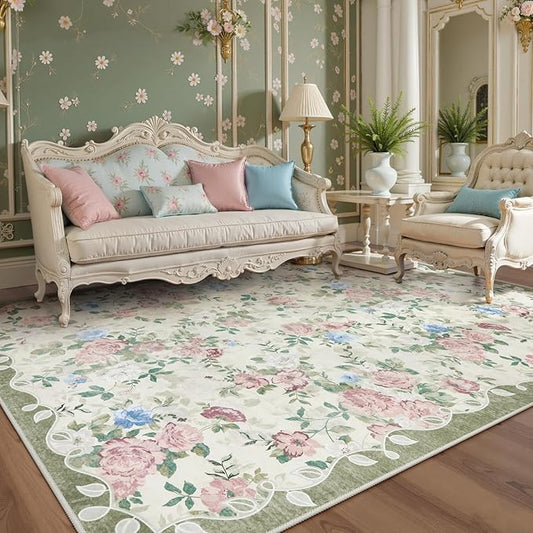Lahome Vintage Floral Area Rugs 8x10,Large Rugs for Living Room Boho Area Rug Machine Washable, Low Pile Bedroom Rugs 8x10 Carpet for Office Rug Playroom Dining Room Nina(Cream/Green)