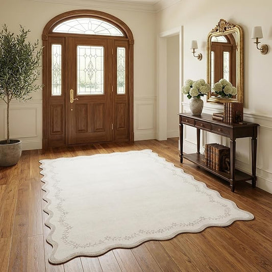 GarveeHome 3x5 Scalloped Washable Area Rug for Bedroom,Soft Solid Beige Entryway Rug Farmhouse Kitchen Mat Non Slip Low Pile Carpet Stain Resistant Throw Rug for Bedside Kids Room Office