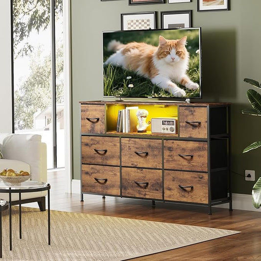 Simple Deluxe TV Stand Dresser with 8 Fabric Drawers and Open Shelves, Entertainment Center with LED Lights & Charging Station, Wood Top for 45" -55" TV, for Bedroom/Living Room/Hallway, Brown